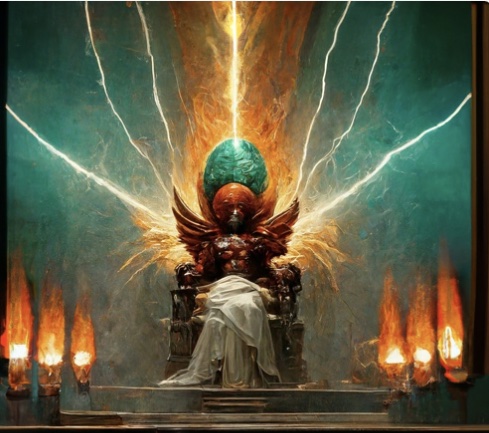 AI generated image of the throne room from Revelation. od like figure on a throw with green backdrop. lightening coming from the figure. Fire lamps to each side.