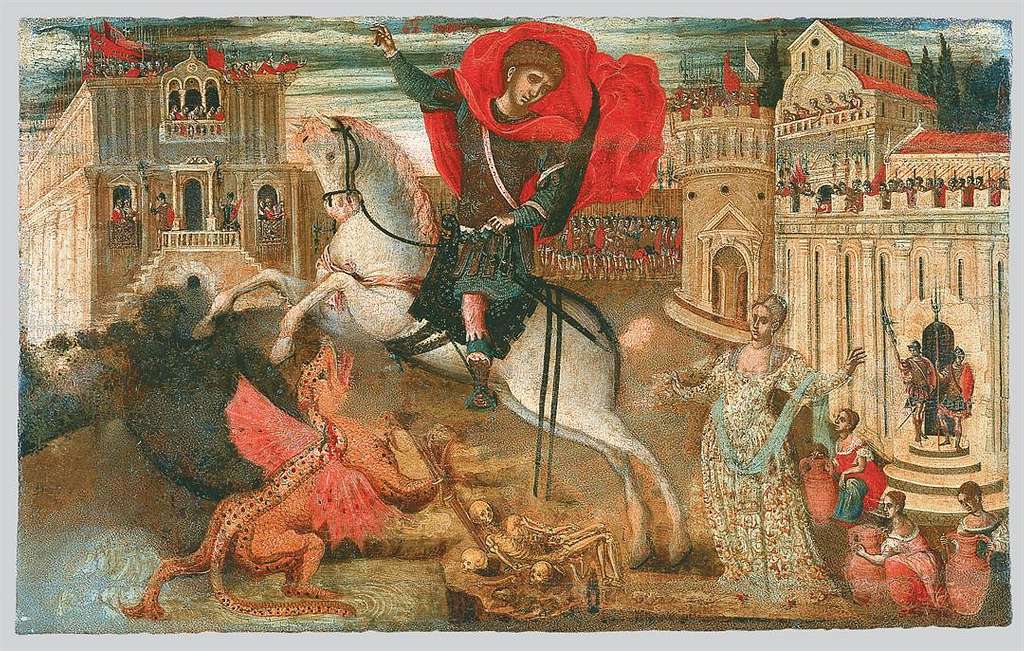 Old painting of Saint George and the dragon