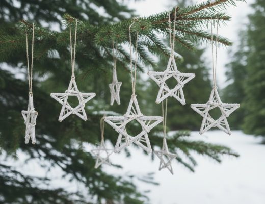 Stars made from twigs hanging on the branches of an evergreen tree