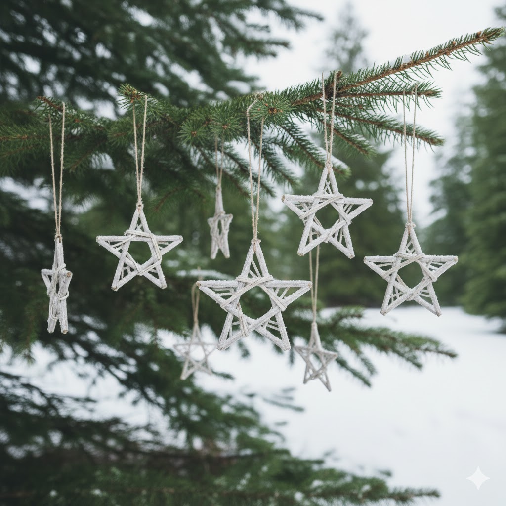 Stars made from twigs hanging on the branches of an evergreen tree